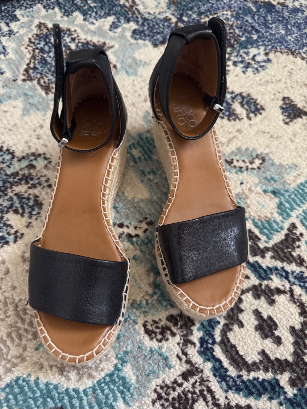 Franco Sarto Black Leather Espadrille Ankle-Strap Sandals